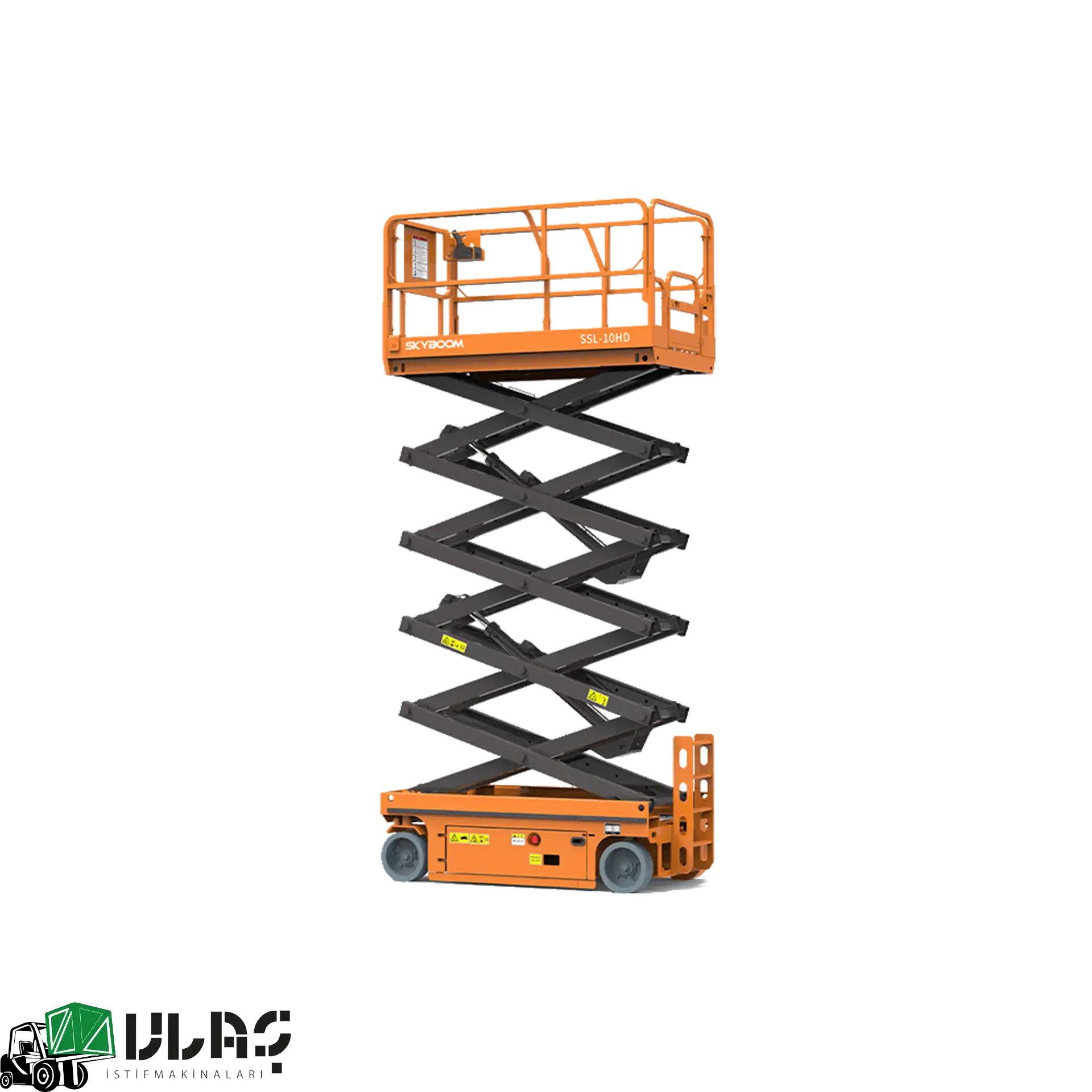 12 metre çalışma yüksekliğine sahip akülü makaslı platform — geniş platform yüzeyi, güçlü makas yapısı ve uzatılabilir güverte detayıyla iç mekân endüstriyel kullanımına uygun profesyonel iş platformu görseli.